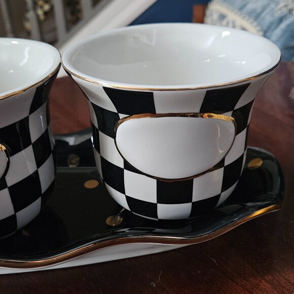 RARE 3 MACKENZIE CHILDS COURTLY CHECK BLACK TIE CERAMIC HERB POT CONTAINER TRAY - Picture 4 of 14